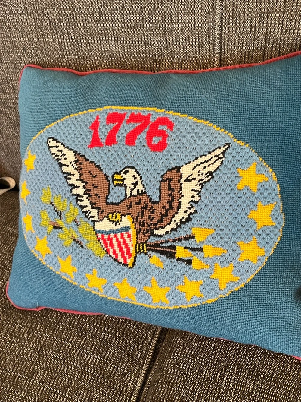 Vintage Patriotic 1776 Eagle Needlepoint Pillow - Blue, Yellow, Red